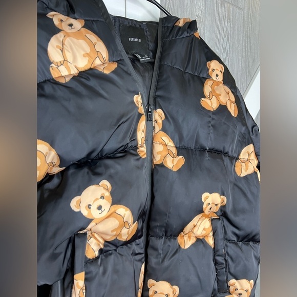 278. Forever 21 Teddy Bear Print Puffer Jacket Black Printed Small - Picture 2 of 8